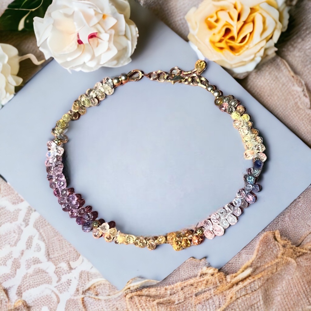 Handmade Solid 14K Gold Natural Rainbow Sapphire Bracelet 7.28" – 7.76"